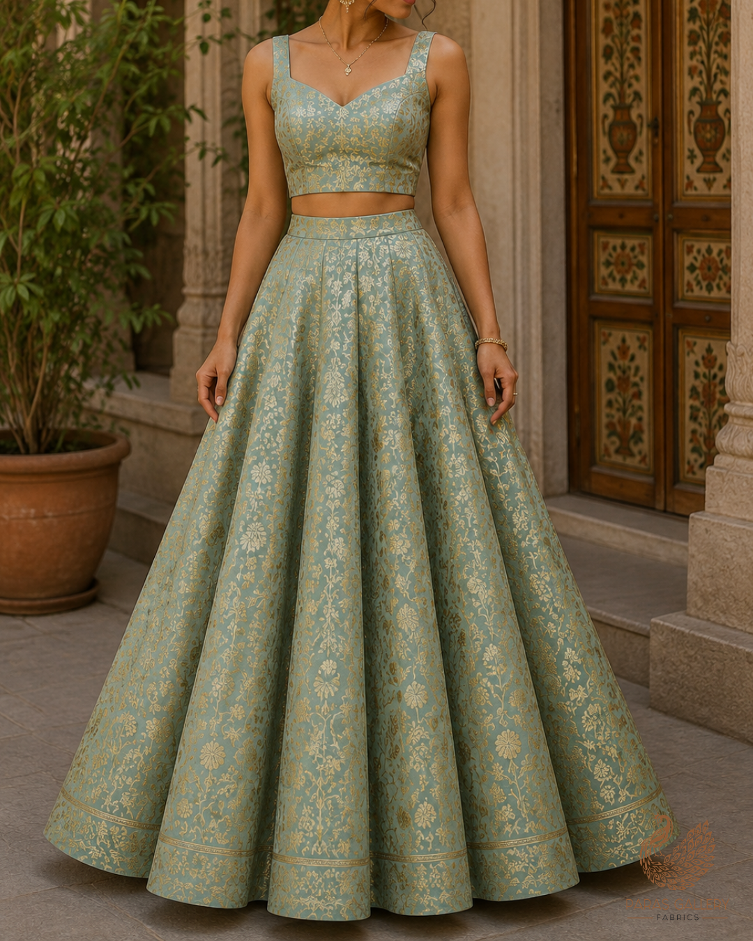 Mint Green Banarasi Brocade Fabric With All Over Golden Zari Handloom 23303