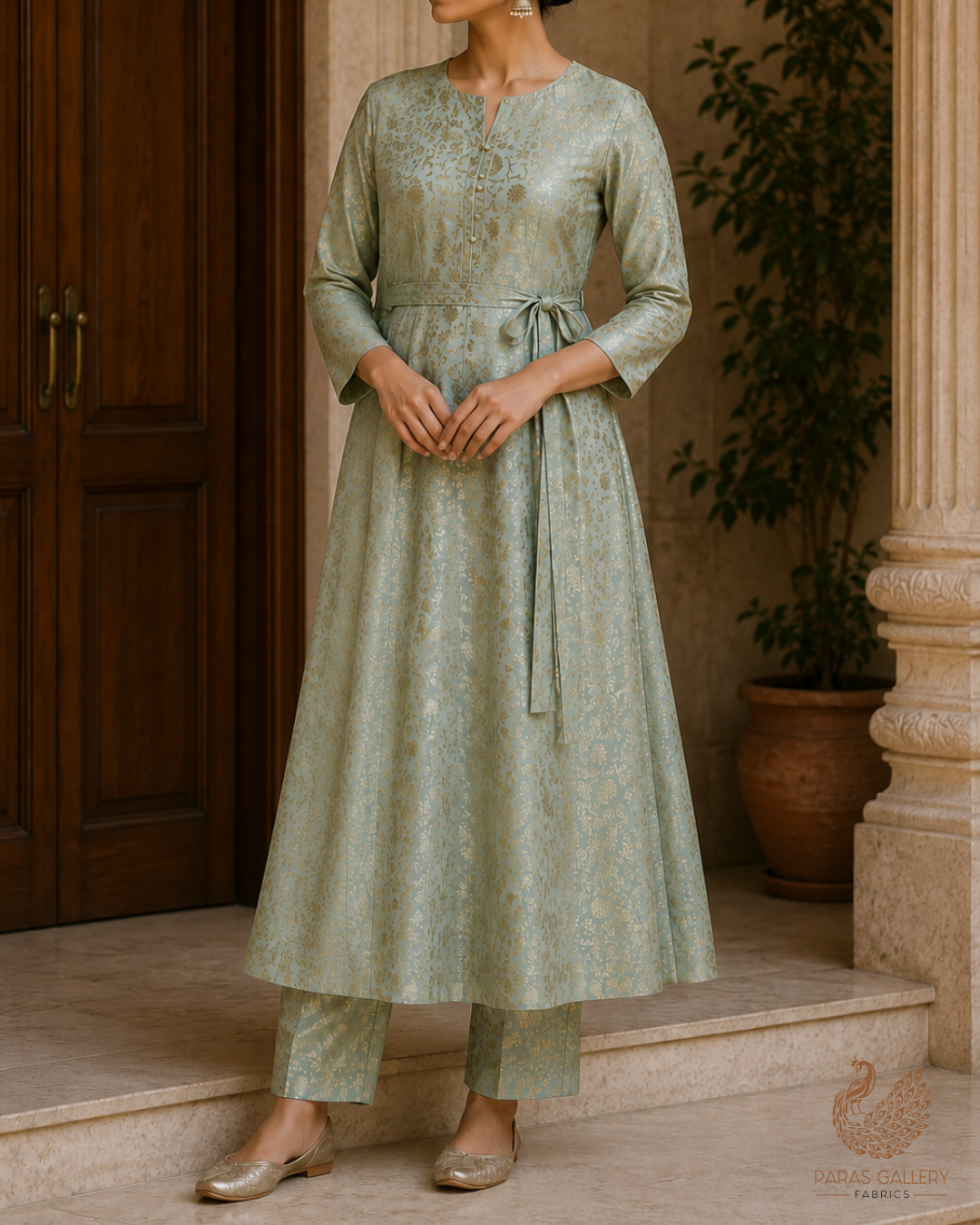 Mint Green Banarasi Brocade Fabric With All Over Golden Zari Handloom 23303
