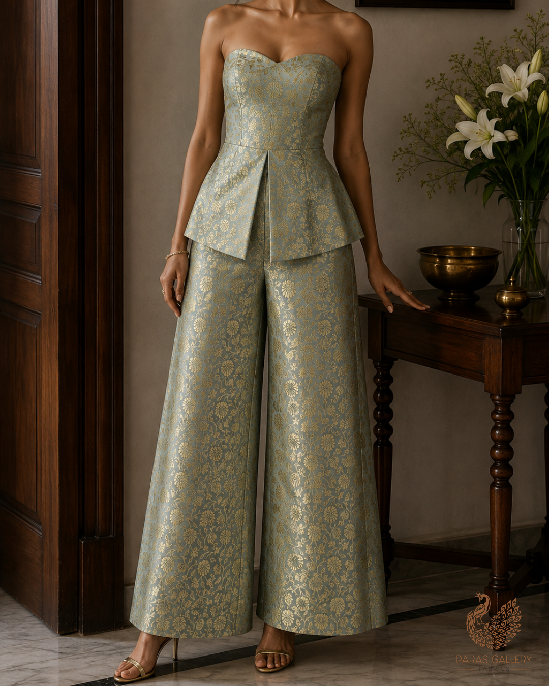 Mint Green Banarasi Brocade Fabric With All Over Golden Zari Handloom 23303