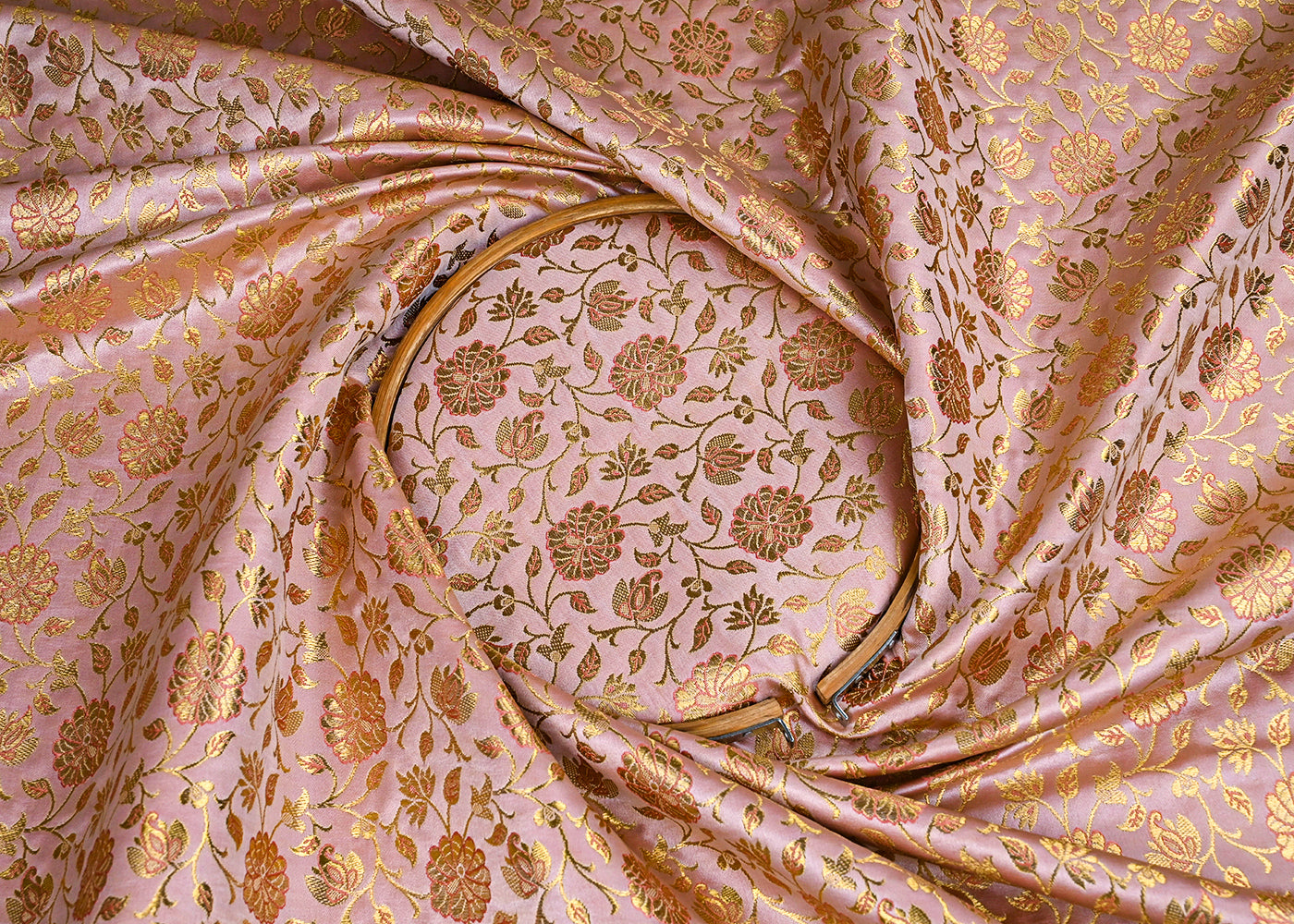 Peach Banarasi Brocade Fabric With All Over Golden Zari Handloom 23304