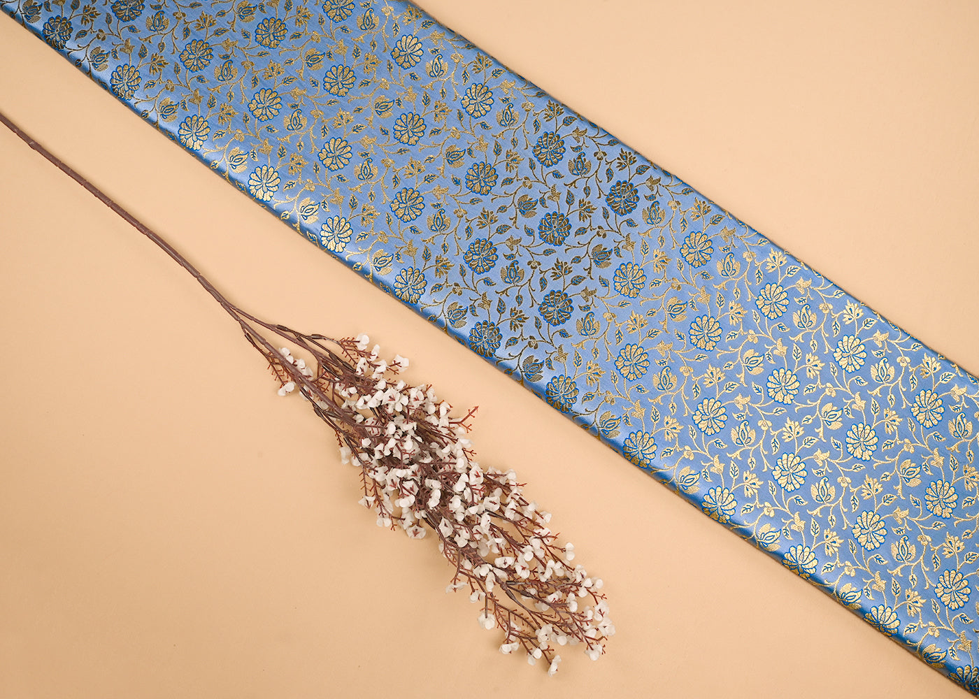 Powder Blue Banarasi Brocade Fabric With All Over Golden Zari Handloom 23305