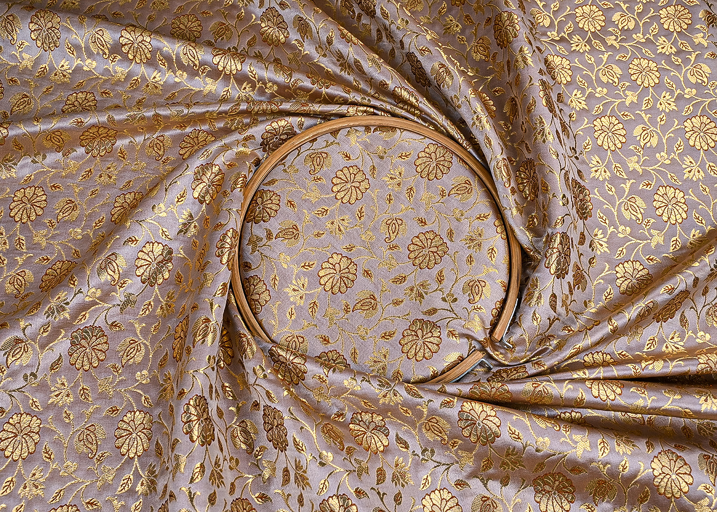 Beige Banarasi Brocade Fabric With All Over Golden Zari Handloom 23306