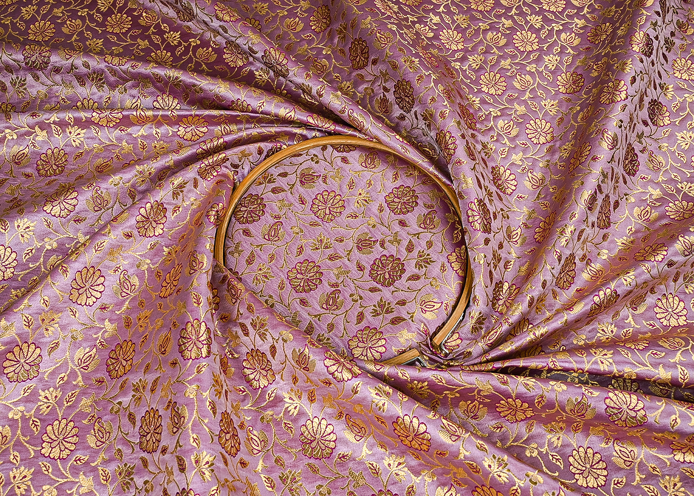 Blush Pink Banarasi Brocade Fabric With All Over Golden Zari Handloom 23307