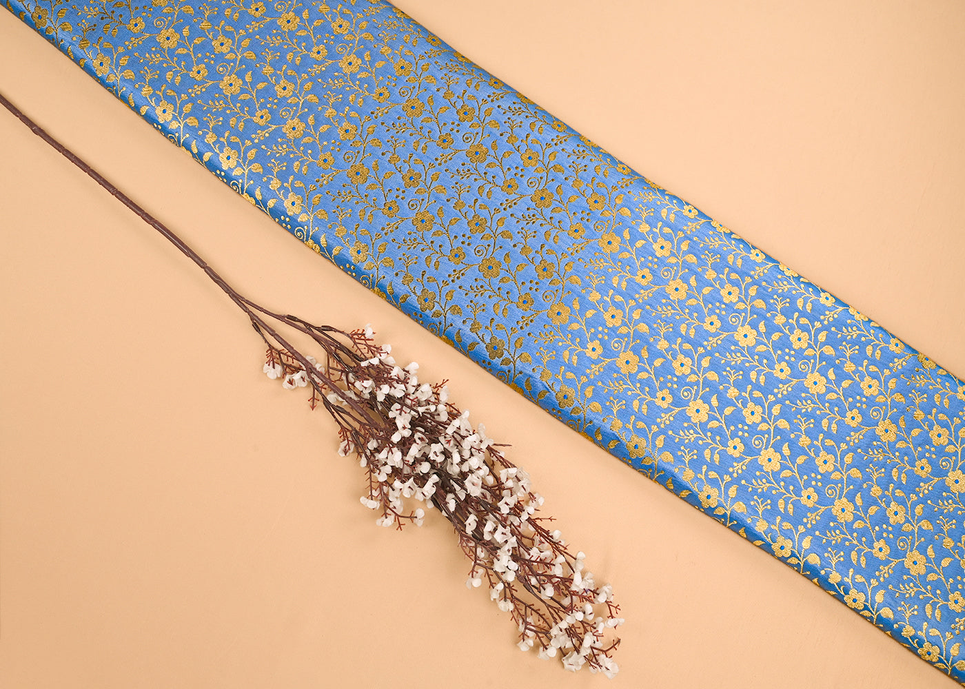 Blue Banarasi Brocade Fabric With All Over Golden Zari Handloom 23308