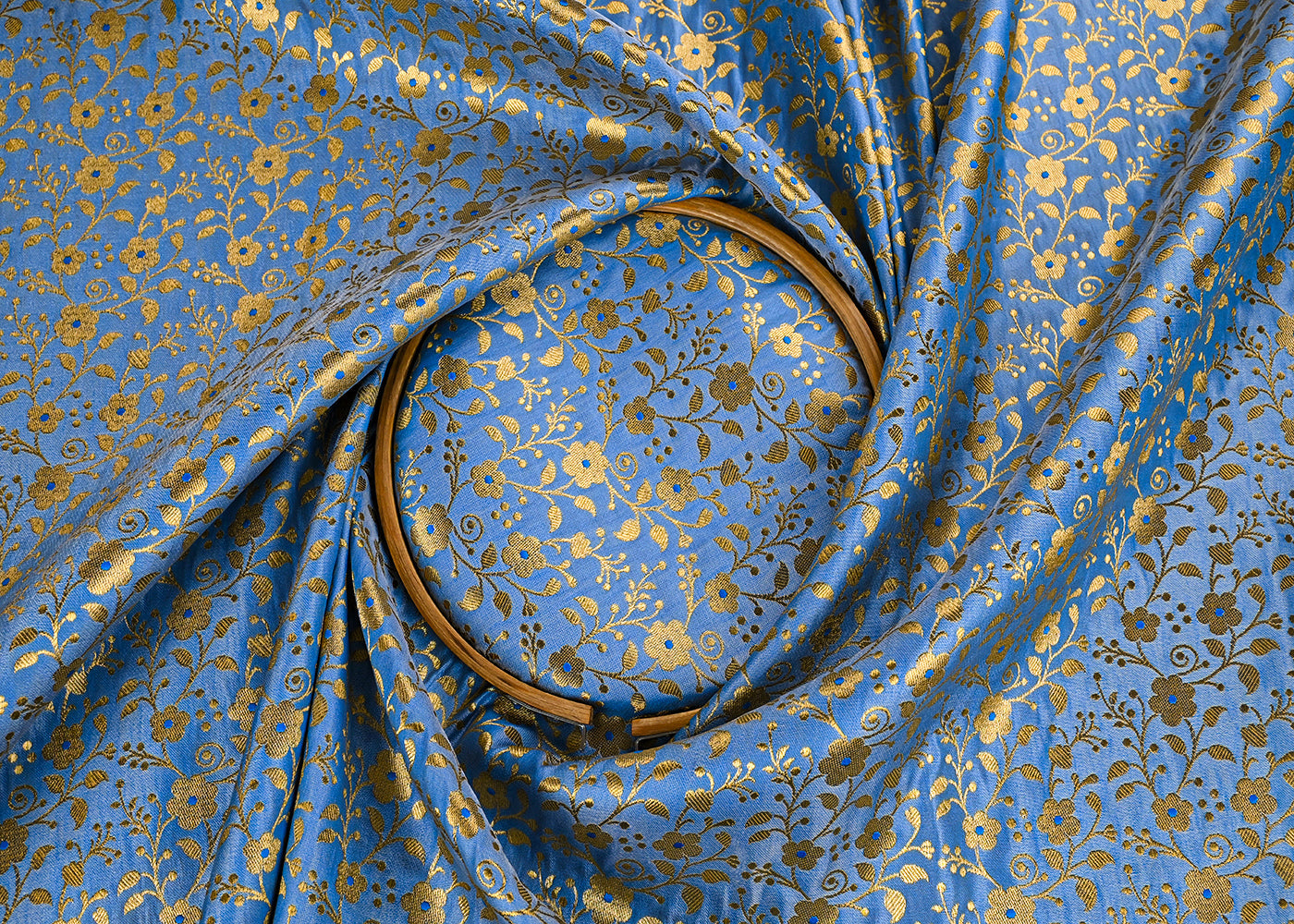 Blue Banarasi Brocade Fabric With All Over Golden Zari Handloom 23308