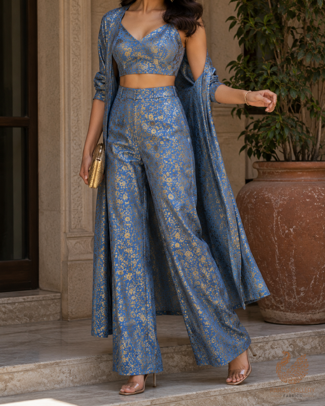 Blue Banarasi Brocade Fabric With All Over Golden Zari Handloom 23308