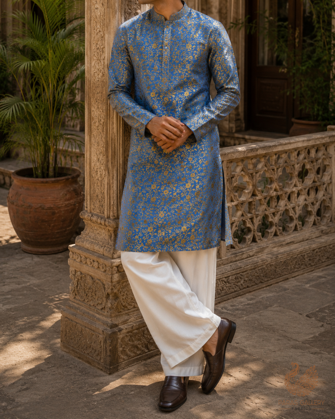 Blue Banarasi Brocade Fabric With All Over Golden Zari Handloom 23308