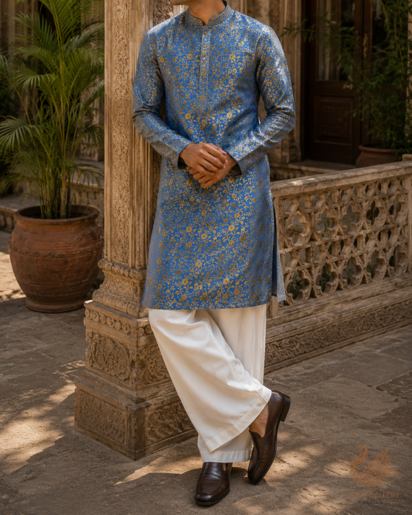 Blue Banarasi Brocade Fabric With All Over Golden Zari Handloom 23308