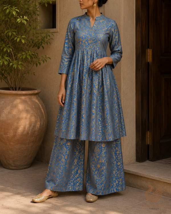 Blue Banarasi Brocade Fabric With All Over Golden Zari Handloom 23308