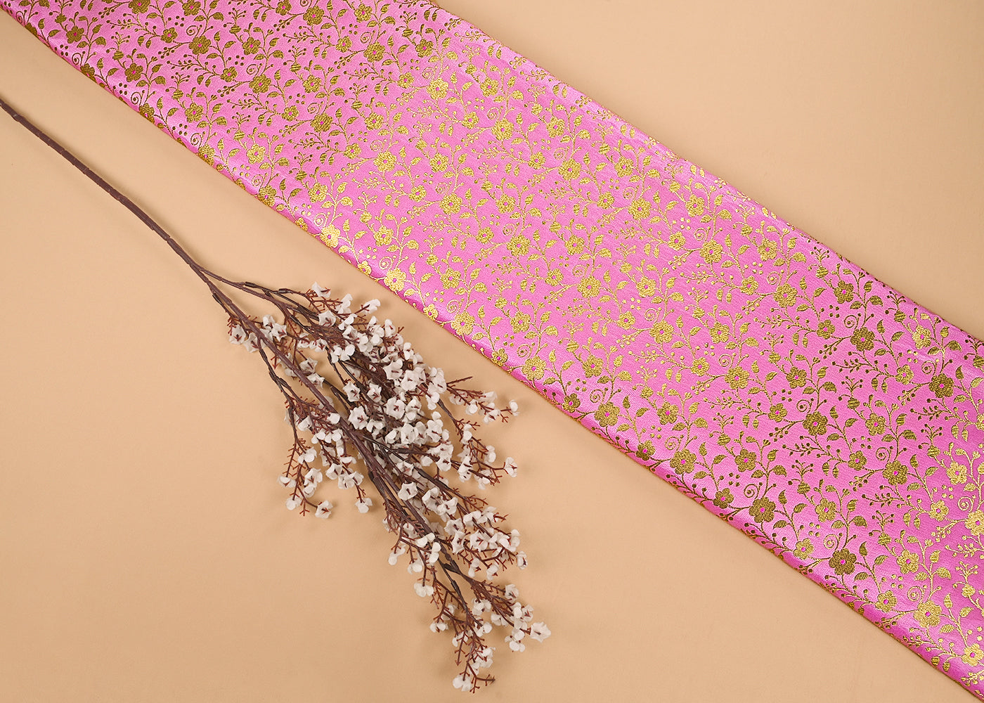 Pink Banarasi Brocade Fabric With All Over Golden Zari Handloom 23309