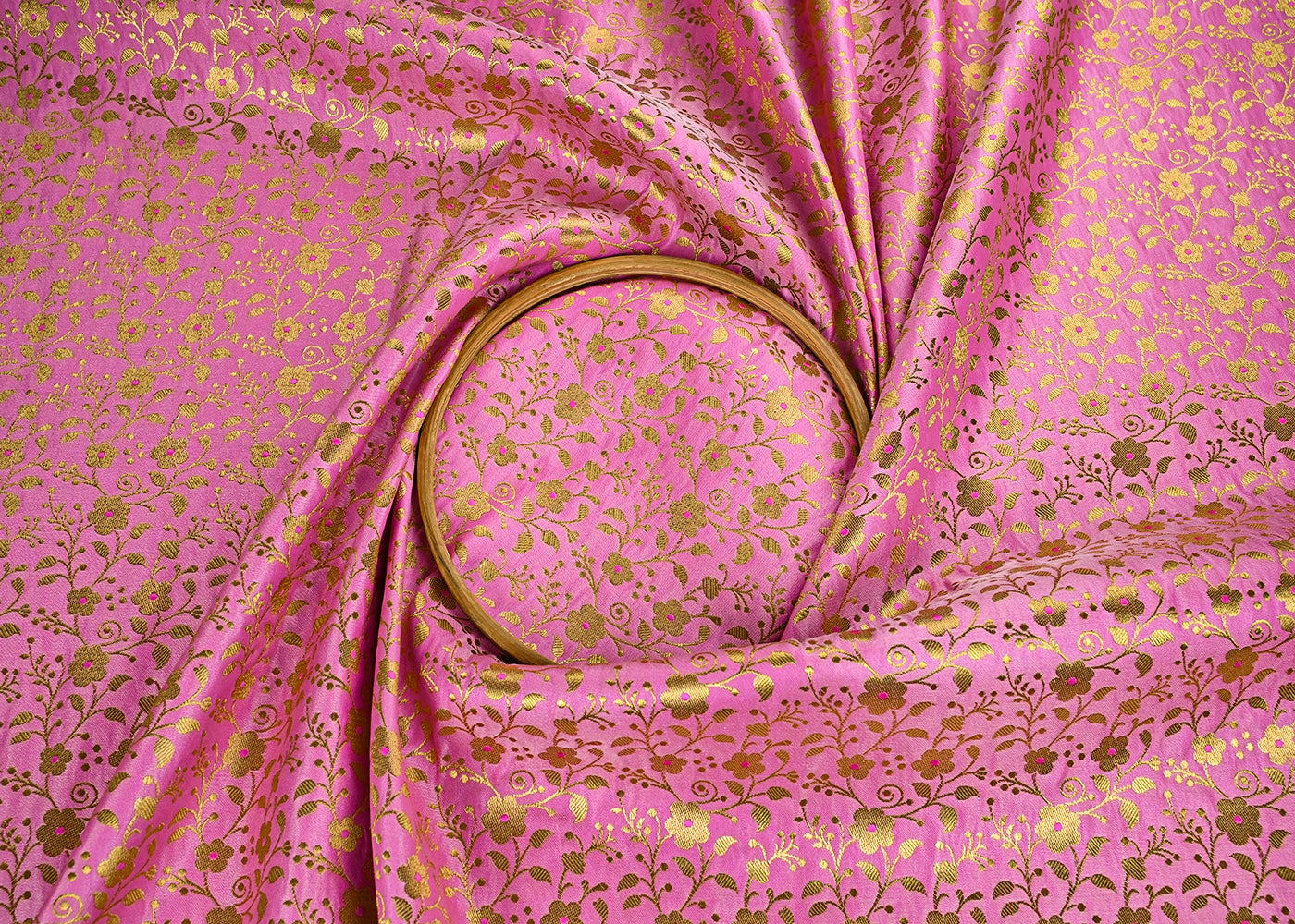 Pink Banarasi Brocade Fabric With All Over Golden Zari Handloom 23309