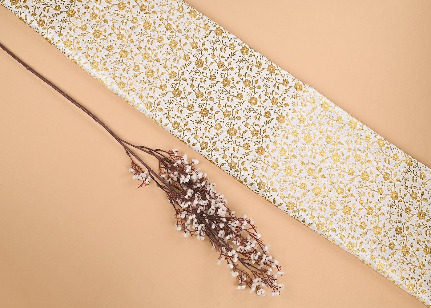Ivory Banarasi Brocade Fabric With All Over Golden Zari Handloom 23310