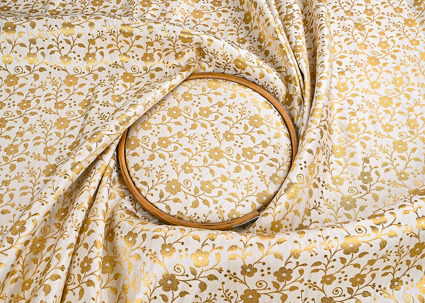 Ivory Banarasi Brocade Fabric With All Over Golden Zari Handloom 23310