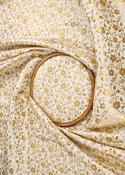 Ivory Banarasi Brocade Fabric With All Over Golden Zari Handloom 23310