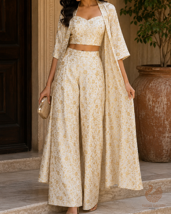 Ivory Banarasi Brocade Fabric With All Over Golden Zari Handloom 23310