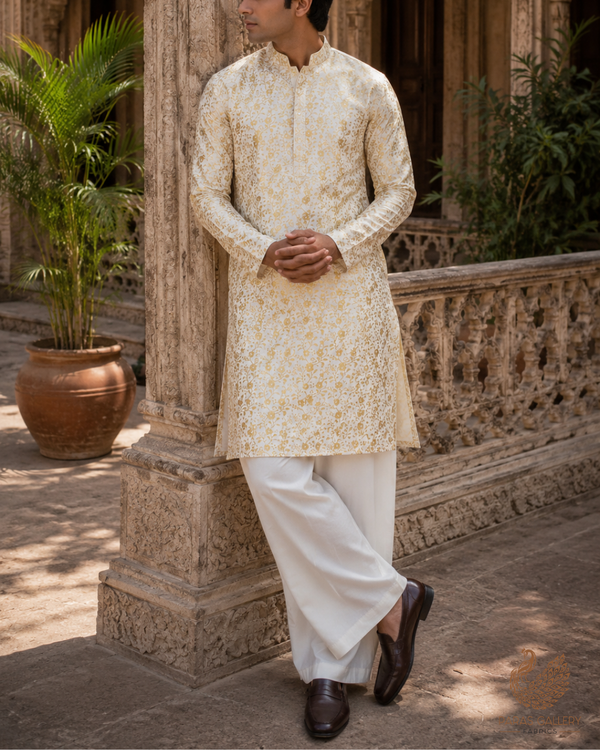 Ivory Banarasi Brocade Fabric With All Over Golden Zari Handloom 23310