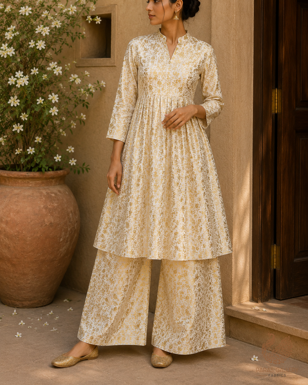 Ivory Banarasi Brocade Fabric With All Over Golden Zari Handloom 23310