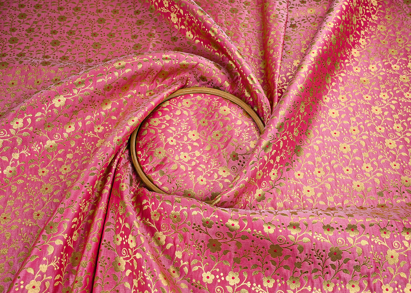 Gajri Pink Banarasi Brocade Fabric With All Over Golden Zari Handloom 23311
