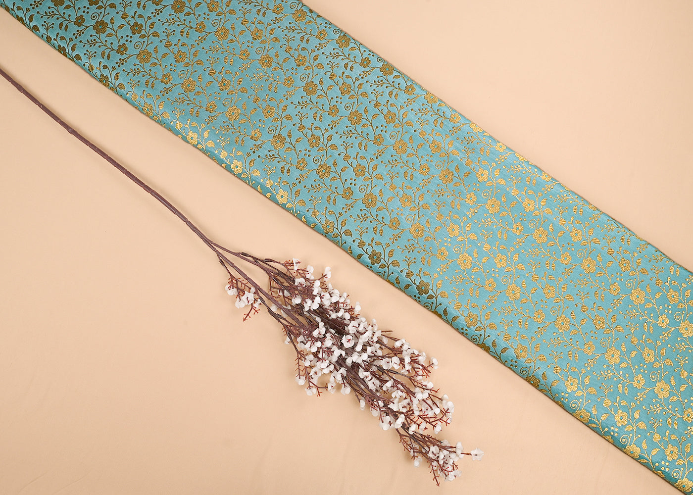 Mint Green Banarasi Brocade Fabric With All Over Golden Zari Handloom 23312