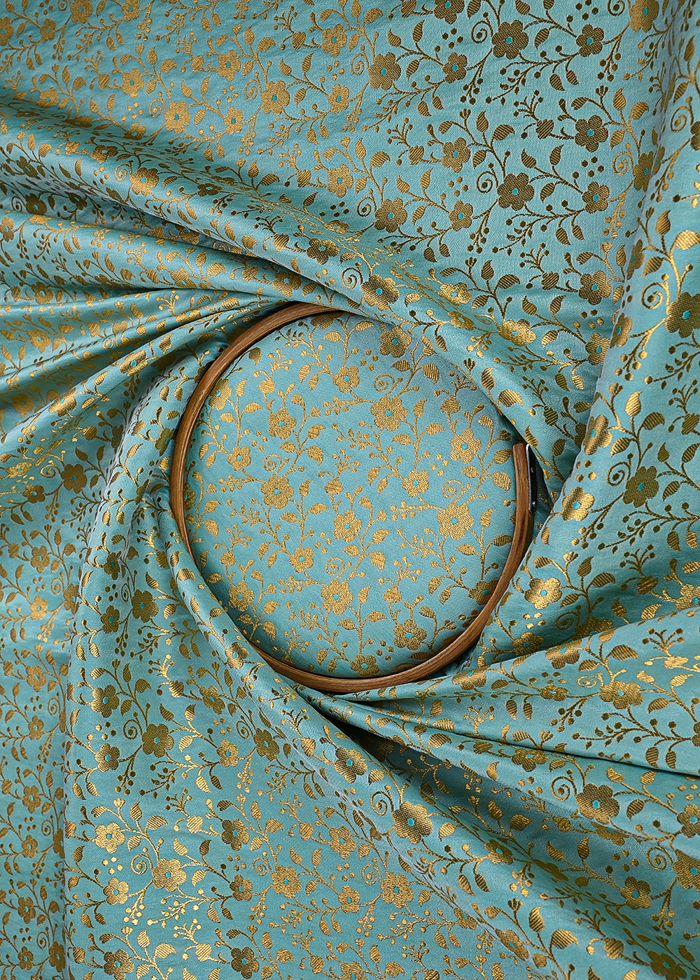 Mint Green Banarasi Brocade Fabric With All Over Golden Zari Handloom 23312