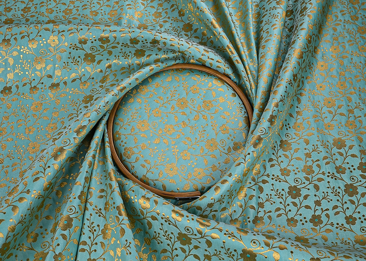 Mint Green Banarasi Brocade Fabric With All Over Golden Zari Handloom 23312