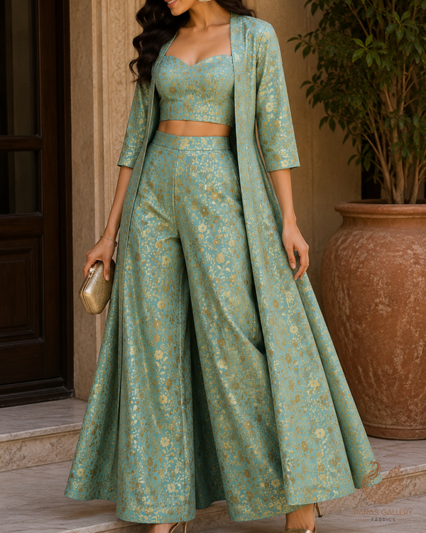 Mint Green Banarasi Brocade Fabric With All Over Golden Zari Handloom 23312