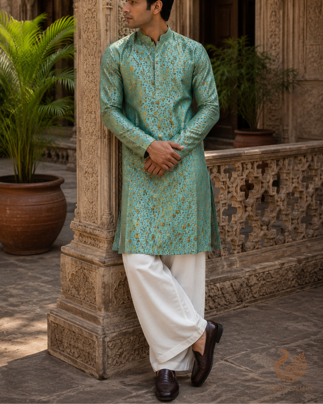 Mint Green Banarasi Brocade Fabric With All Over Golden Zari Handloom 23312
