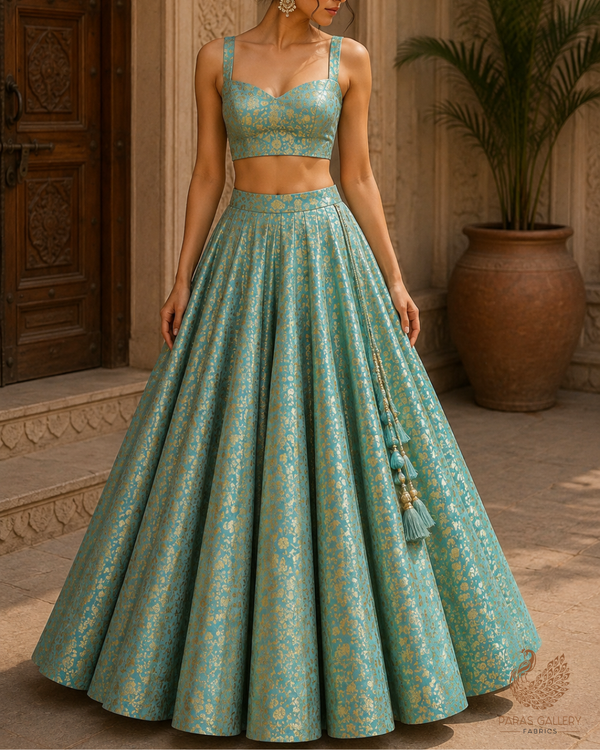 Mint Green Banarasi Brocade Fabric With All Over Golden Zari Handloom 23312