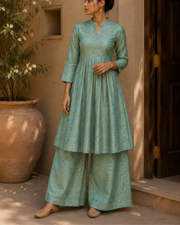 Mint Green Banarasi Brocade Fabric With All Over Golden Zari Handloom 23312