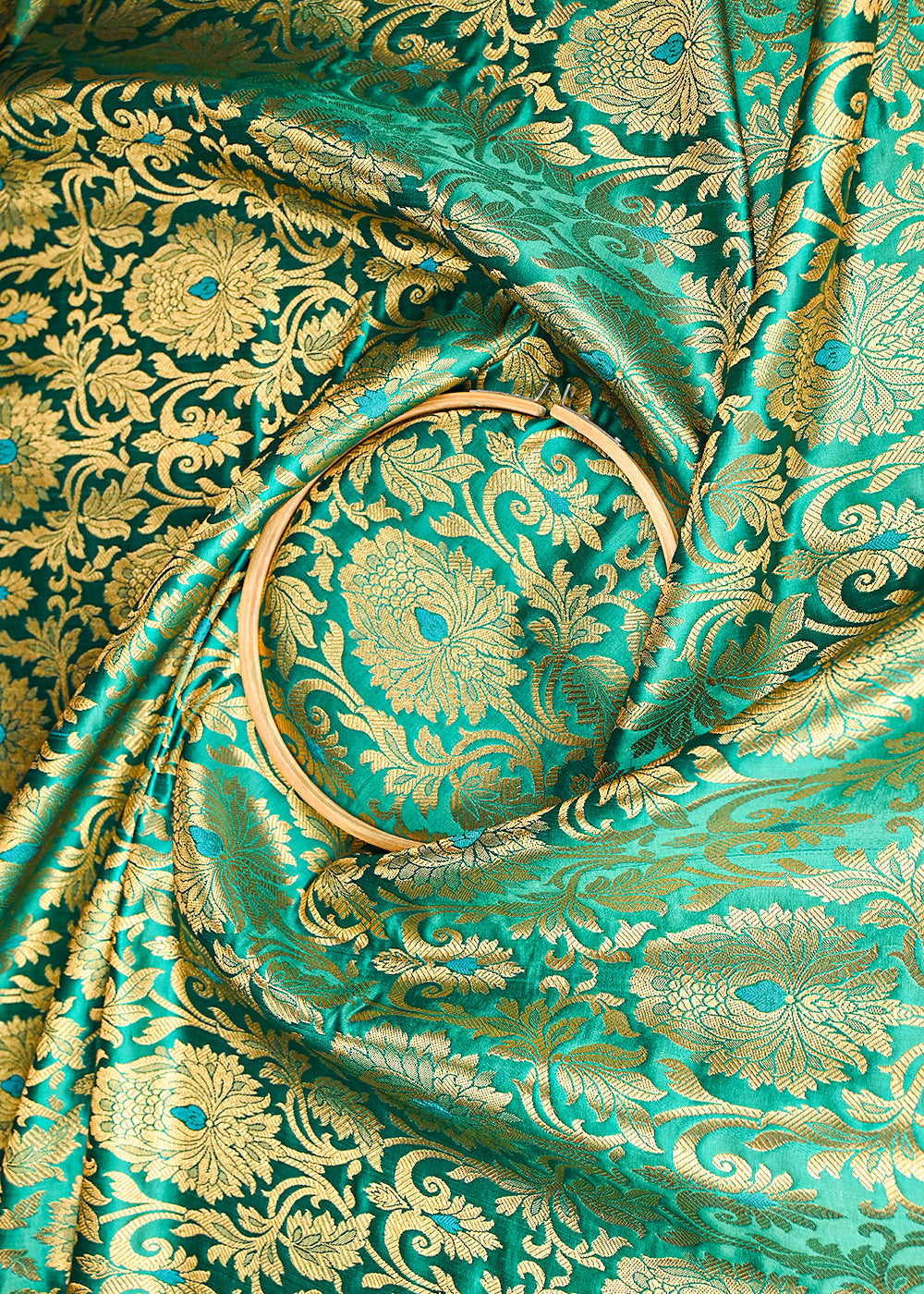 Green Banarasi Brocade Fabric With All Over Golden Zari Handloom 23313