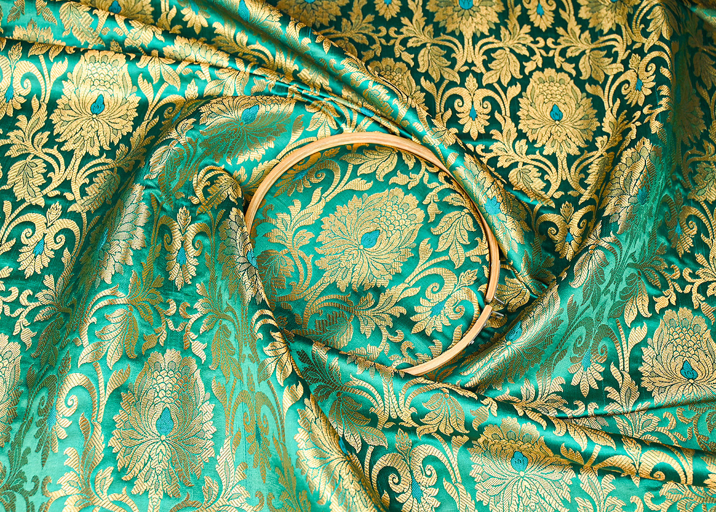Green Banarasi Brocade Fabric With All Over Golden Zari Handloom 23313