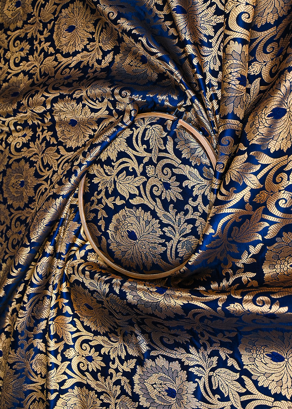 Navy Blue Banarasi Brocade Fabric With All Over Golden Zari Handloom 23314