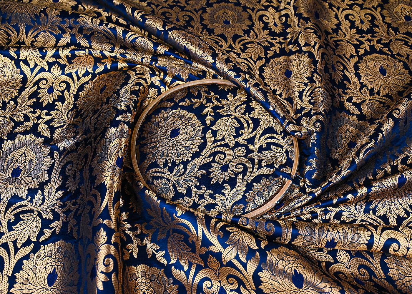 Navy Blue Banarasi Brocade Fabric With All Over Golden Zari Handloom 23314