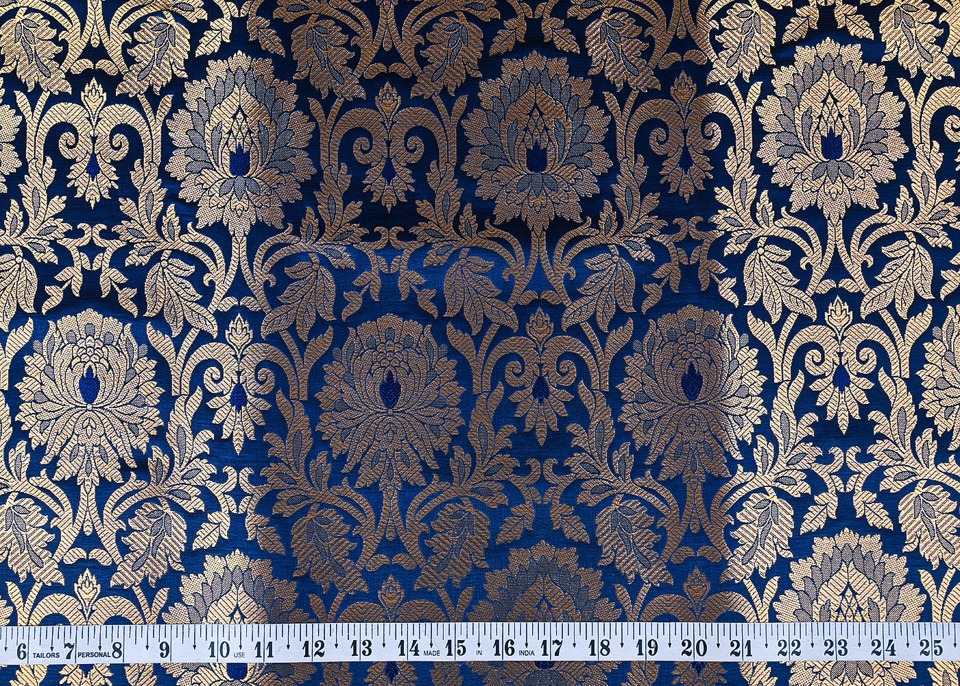 Navy Blue Banarasi Brocade Fabric With All Over Golden Zari Handloom 23314