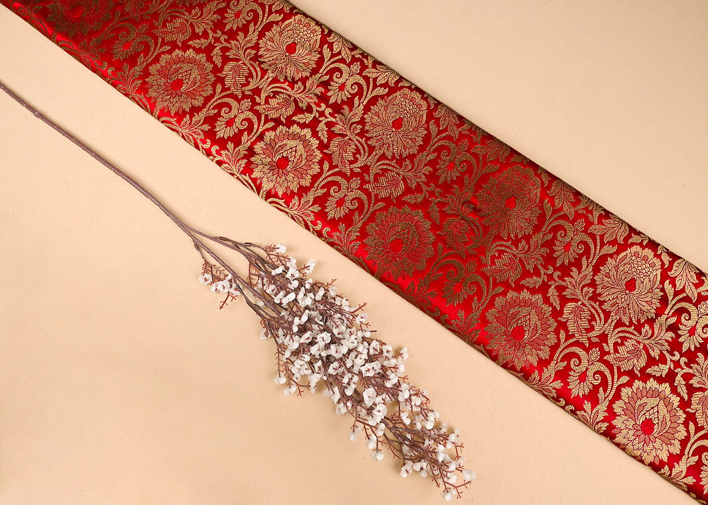 Red Banarasi Brocade Fabric With All Over Golden Zari Handloom 23315