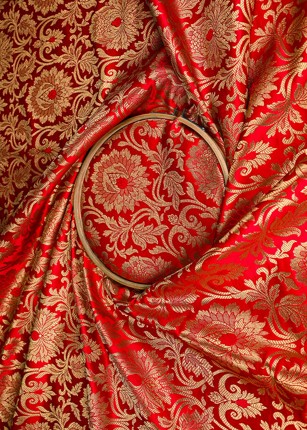 Red Banarasi Brocade Fabric With All Over Golden Zari Handloom 23315