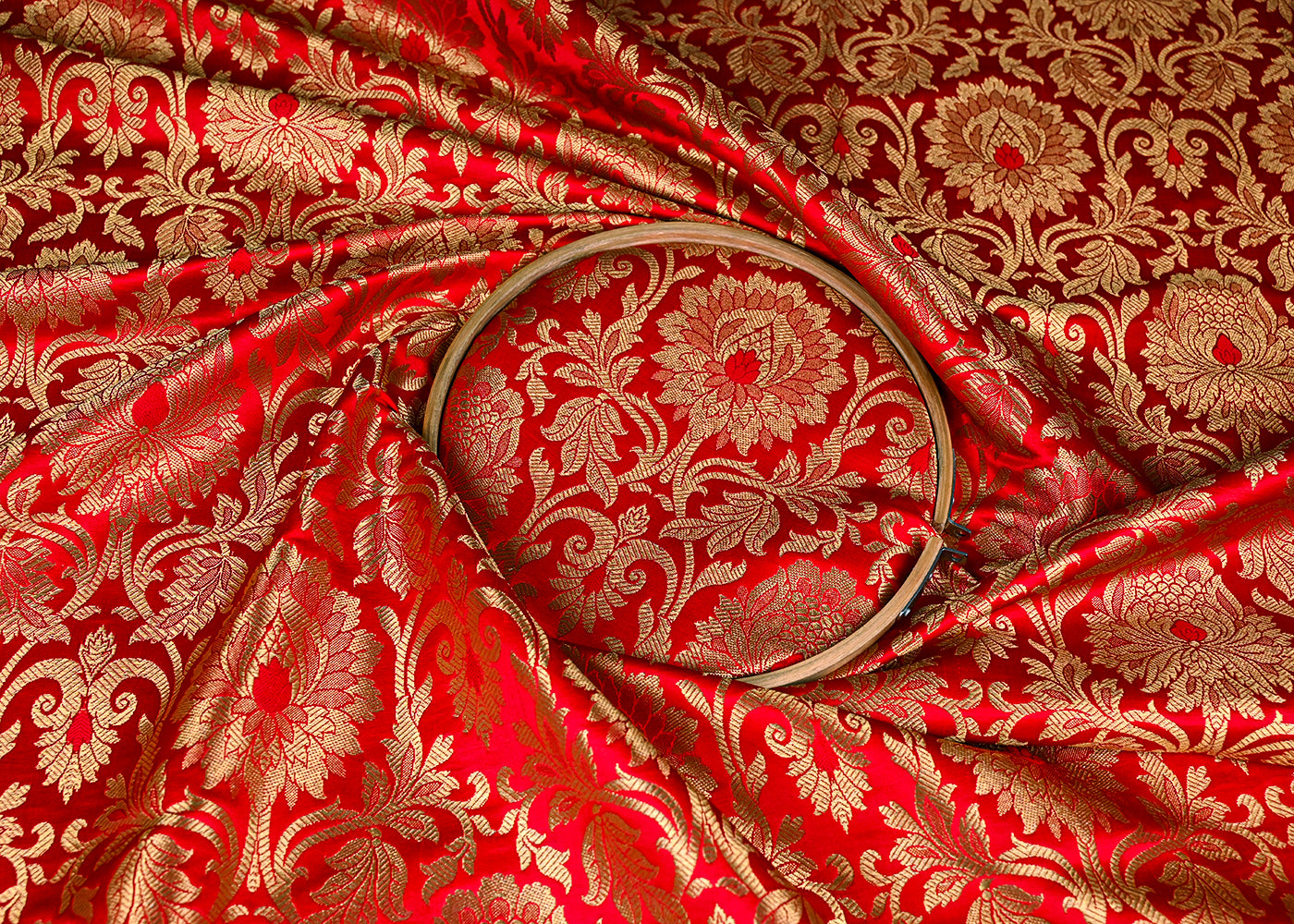 Red Banarasi Brocade Fabric With All Over Golden Zari Handloom 23315