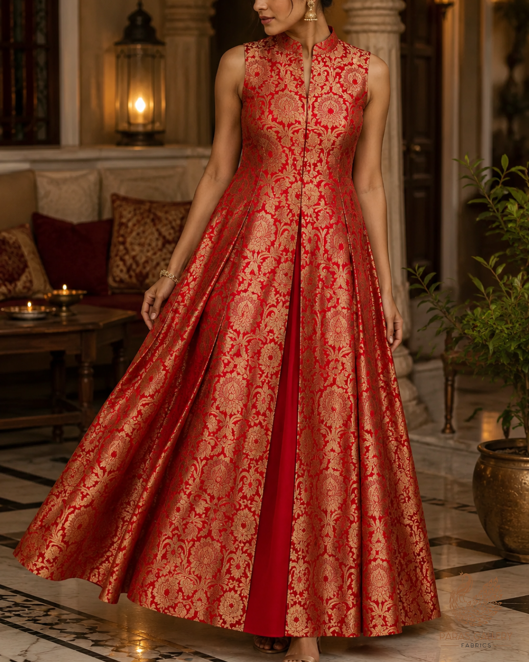 Red Banarasi Brocade Fabric With All Over Golden Zari Handloom 23315