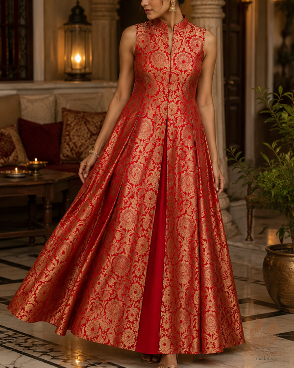 Red Banarasi Brocade Fabric With All Over Golden Zari Handloom 23315