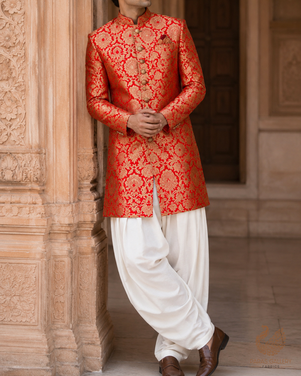 Red Banarasi Brocade Fabric With All Over Golden Zari Handloom 23315