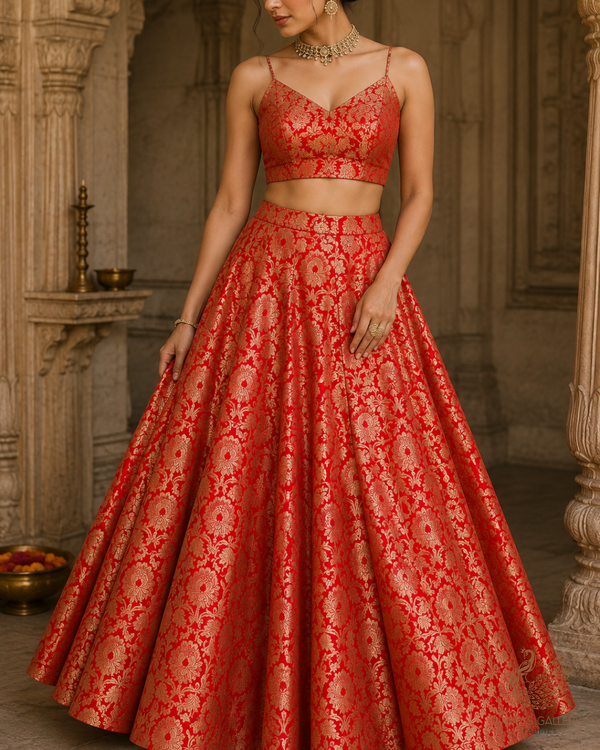 Red Banarasi Brocade Fabric With All Over Golden Zari Handloom 23315