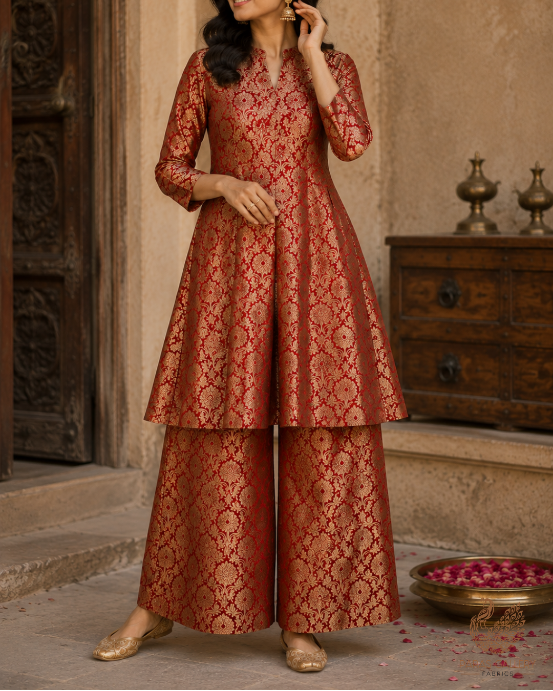 Red Banarasi Brocade Fabric With All Over Golden Zari Handloom 23315