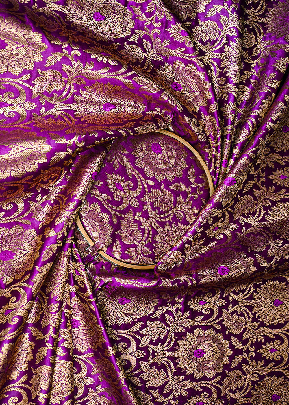 Purple Banarasi Brocade Fabric With All Over Golden Zari Handloom 23316