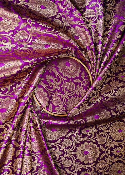 Purple Banarasi Brocade Fabric With All Over Golden Zari Handloom 23316