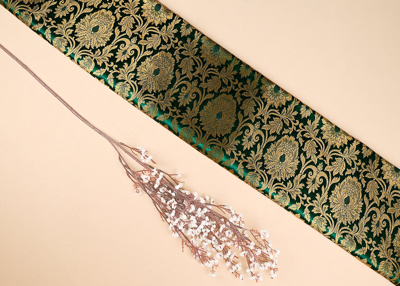 Bottle Green Banarasi Brocade Fabric With All Over Golden Zari Handloom 23317