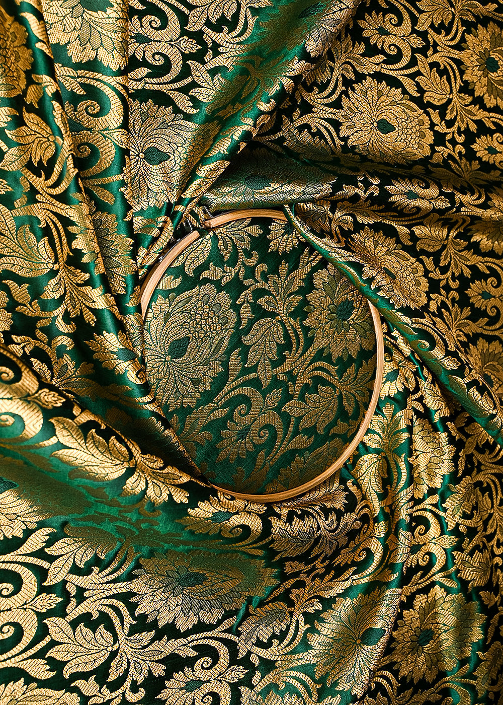 Bottle Green Banarasi Brocade Fabric With All Over Golden Zari Handloom 23317