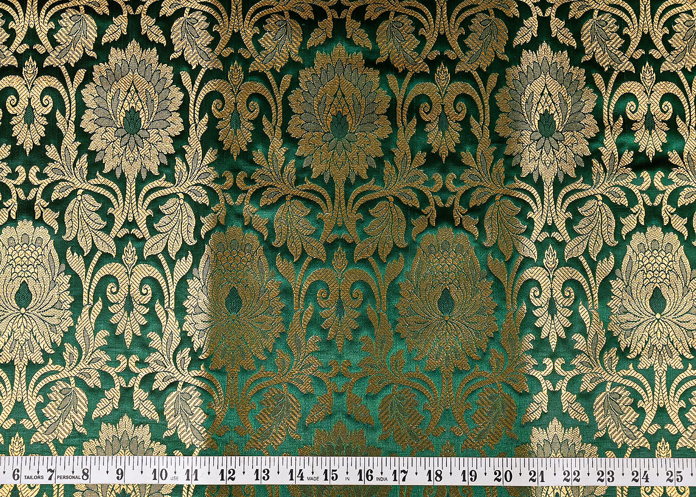 Bottle Green Banarasi Brocade Fabric With All Over Golden Zari Handloom 23317