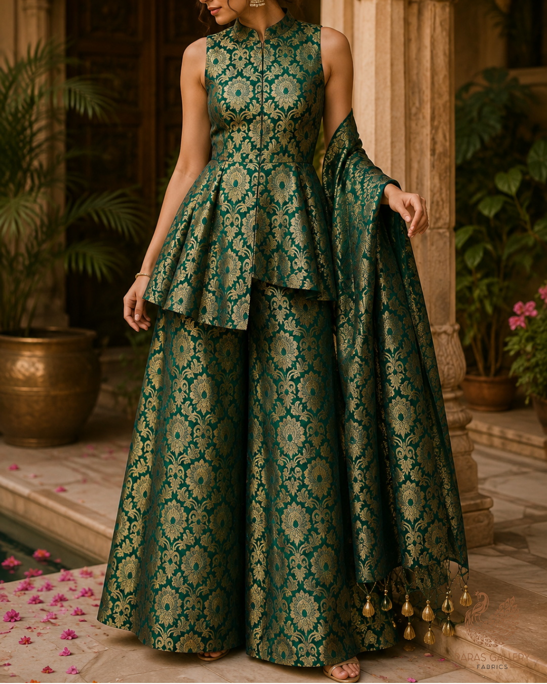 Bottle Green Banarasi Brocade Fabric With All Over Golden Zari Handloom 23317
