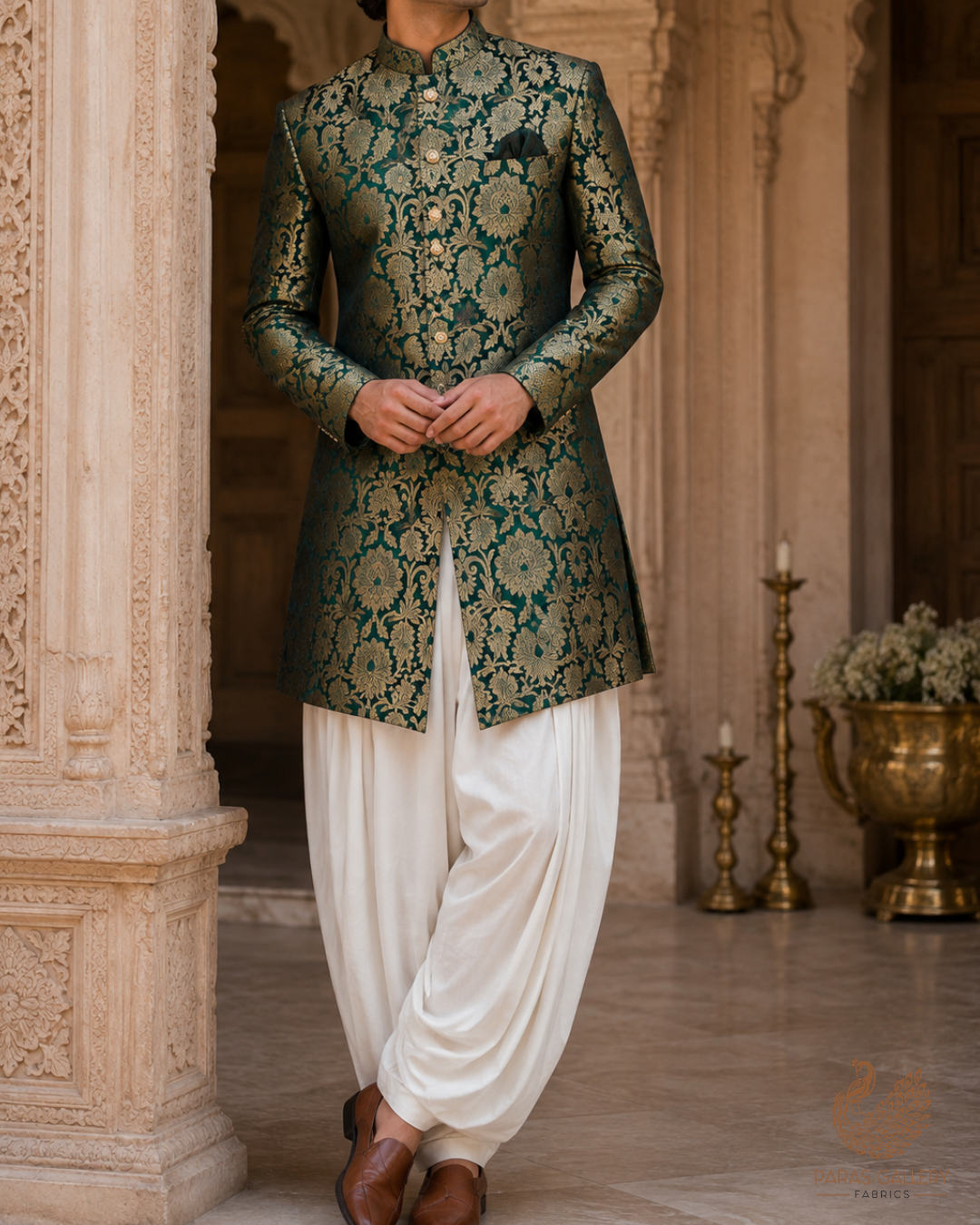 Bottle Green Banarasi Brocade Fabric With All Over Golden Zari Handloom 23317