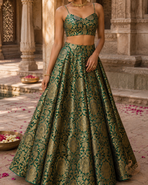 Bottle Green Banarasi Brocade Fabric With All Over Golden Zari Handloom 23317